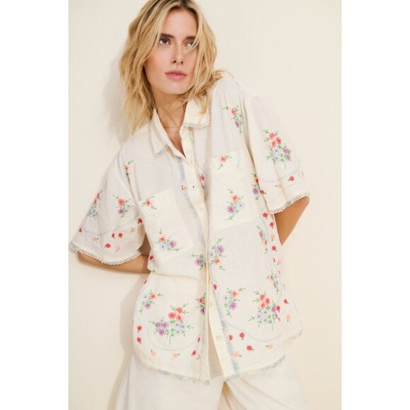 Free People Emma Embroidered Top Womens XS Boho Chic Floral Charming Garden - Picture 1 of 7